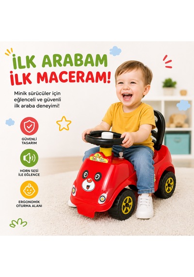 Korna Sesli İlk Arabam Panda Desenli Çocuk Binmeli Oyuncak Araba 45x38x20 Cm 1-3 Yaş Kırmızı
