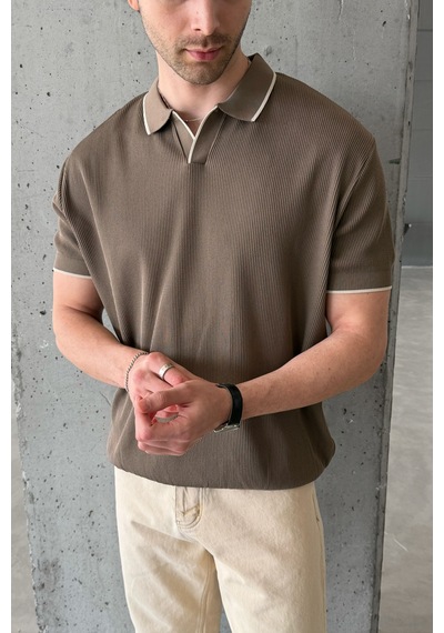Erkek Oversize Selanik Polo Yaka Triko T-shirt Açık Kahve