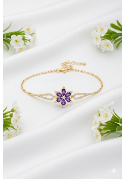 Çekirdekjewelry 925 Ayar Gümüş Mor Zirkon Taşlı Çiçek Figürlü Zarif Altın Renk Kadın Bileklik Sarı