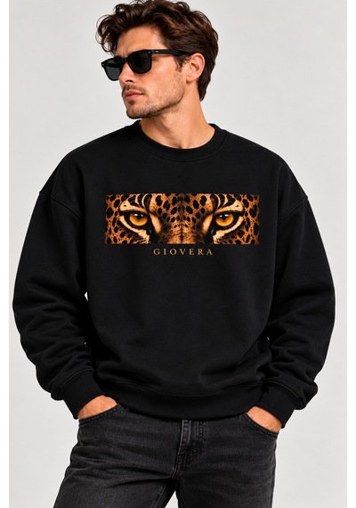 Gıovera Leopard Eyes Premium Oversize Erkek Sweatshirt %100 Pamuk Siyah