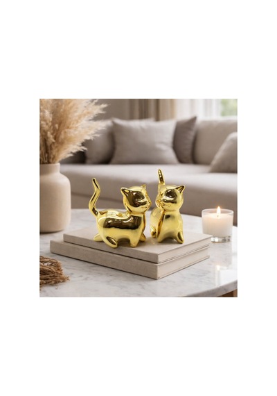 2 Adet Dik Kuyruklu Kedi Biblo Orta Boy Seramik Dekor Obje Parlak Gold Kaplama, Ev Ve Ofis İçin Cat Figurine