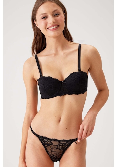 Pierre Cardin Siyah 4563 Pisa Destekli / Push - Up Straplez Dantelli Sütyen Takımı Siyah