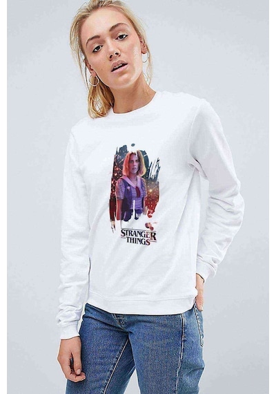 Stranger Things Robin Wallpaper Baskılı Beyaz Kadın Sweatshirt