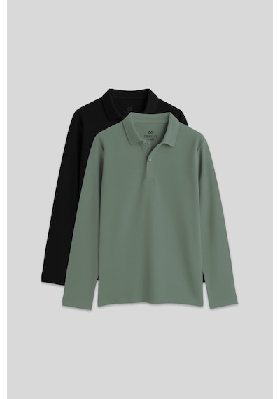 Basic Polo Yaka 2li Paket Siyah-çağla Unisex Çocuk T-shirt - 11170 Siyah - Yeşil