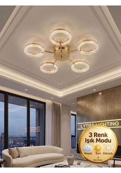 Aurea Model 5'li Gold 3 Renk Modu Ledli Tavana Sıfır Salon Mutfak Çocuk Yatak Odası Led Avize Altın