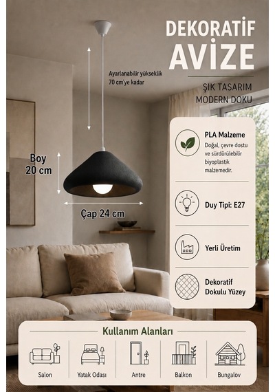 Üçgen Bohem Sarkıt Avize, Beton Dokulu Modern, Balkon, Salon, Yatak Odası, E27 Duy, 25 Cm - Siyah