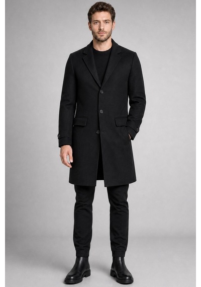 Freemen Erkek Slim Fit Klasik Yaka 3 Düğmeli Uzun Kaşe Kaban-425 Siyah