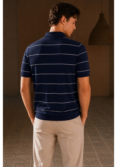Tarz Cool Erkek Old Money Çizgili Polo Yaka Triko Tişört Slim Fit Lacivert