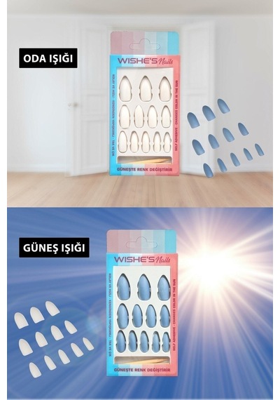 Işıkda Renk Değiştiren Sihirli Takma Tırnak 12 Adet Mavi Itici+yapıştırıcı+törpü Set