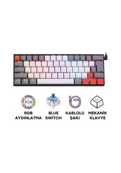 Tk11 Oyuncu Klavyesi Rgb Işıklı Mekanik Şarjlı Kablolu Ve Kablosuz Blue Switch Q Klavye