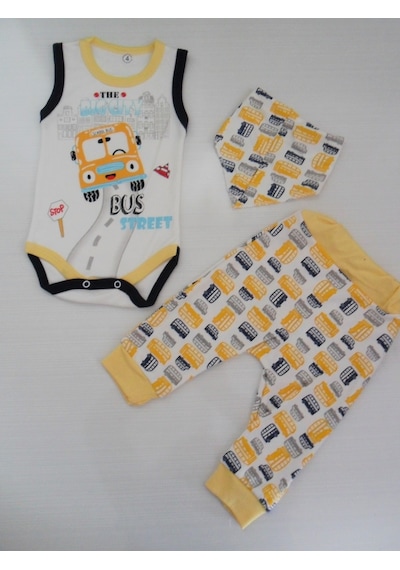 Beyzababykids %100 Pamuk Otobüs Baskılı Erkek Bebek 3'Lü Body Zıbın Set