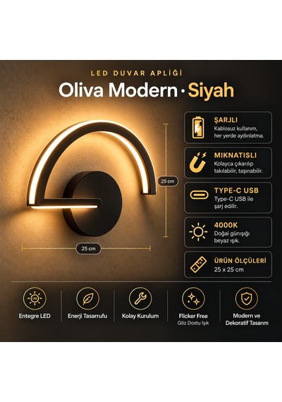 Oliva Şarjlı Modern Led Duvar Apliği Günışığı Taşınabilir Usb Siyah