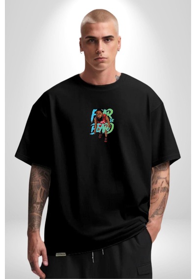 Sakaldan Korkmak Yazılı Basketbol James Harden Star Siyah Oversize Unisex Ön Orta Minimal Baskılı Tişört Siyah