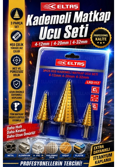 3 Parça Hss Titanyum Kaplamalı Kademeli Matkap Ucu Seti 4-12 / 4-20 / 4-32 Mm
