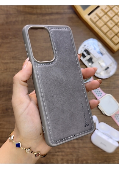 Samsung Galaxy A33 Uyumlu Premium Deri Dokulu Darbelere Karşı Dayanıklı Nazal Silikon Kılıf Gri