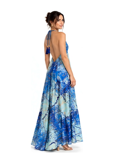 Lili Woman Kadın Mavi Ombreli Batik Desenli Halter Yaka Otantik Maxi Elbise Mo.melb01m