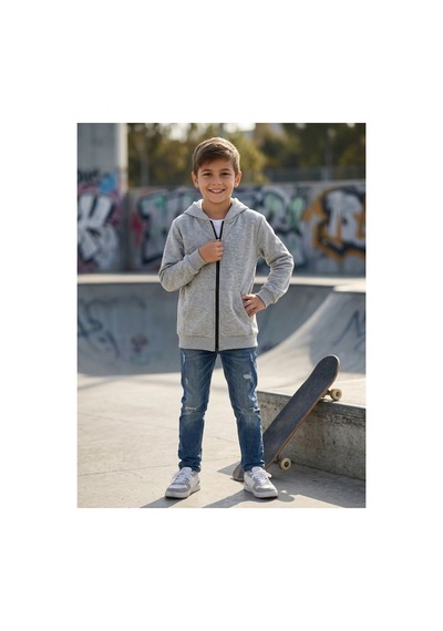 Erdem Kıds Unisex Kız Erkek Çocuk Basic 3 İplik Şardonsuz Fermuarlı Kanguru Cepli Kapüşonlu Pamuk Sweatshirt Hırka Gri-melanj Gri-melanj