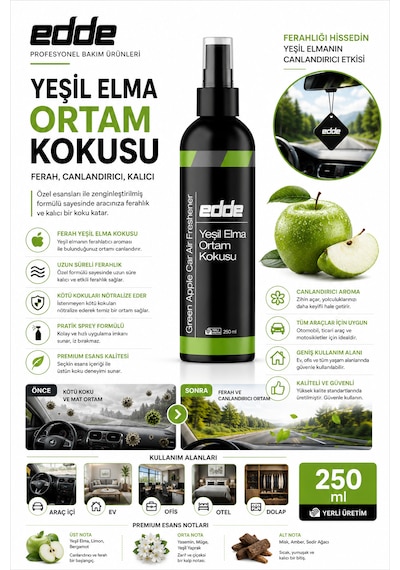 Edde Yeşil Elma Kokulu Araba Araç Oto Ortam Kokusu Araç Içi Kokuları Oto Parfümü 250 Ml Oto Detailing 250ml