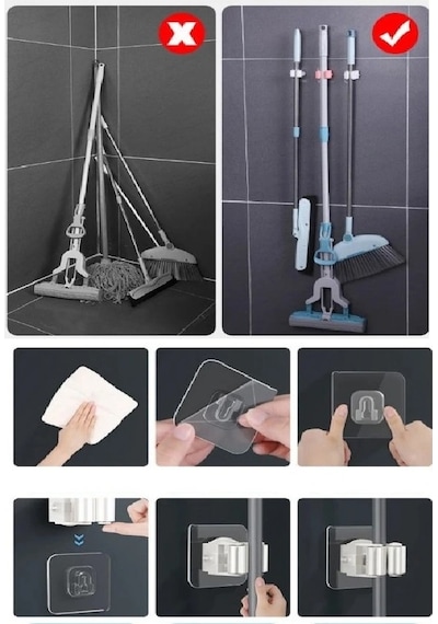 4 Lü Yapışkanlı Mop Fırça Çekpas Sap Tutucu Organizer Banyo Düzenleyici