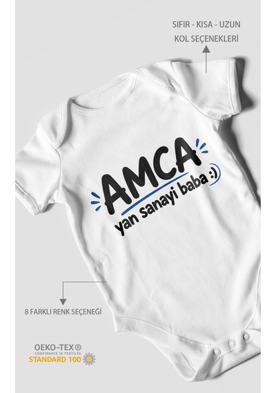 Morivokids Amca Ve Yan Sanayi Babaya Özel Kısa Kollu Bebek Body %100 Pamuk Beyaz