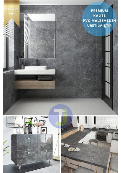 Technojet Kendinden Yapışkanlı Mermer Desen Folyo Mutfak Banyo Tezgah Duvar Kaplama 60cmx300cm Koyu Gri