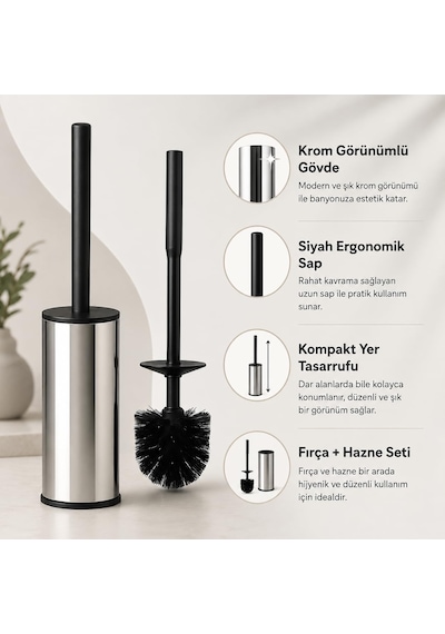 Lexroo Krom Klozet Fırçası, Paslanmaz Görünümlü Tuvalet Fırçası, Siyah Saplı Modern Wc Fırçalık