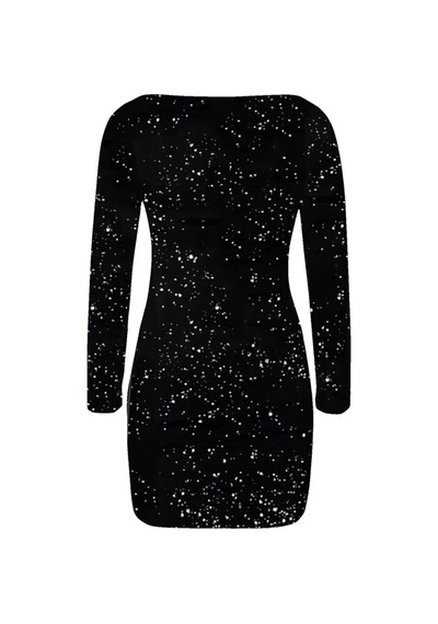 Lacis Siyah Uzeri Simli Kumastan Düşük Omuz Bodycon Elbise Siyah