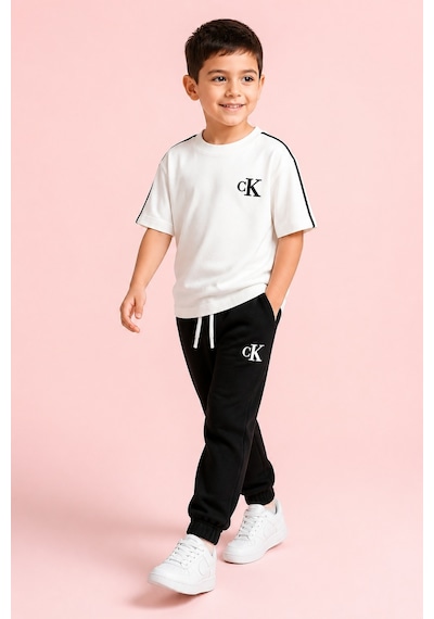 Eray Alp Kids Erkek Çocuk Baskılı Beyaz Tişört Siyah Eşofman Takımı Günlük Rahat Kombin