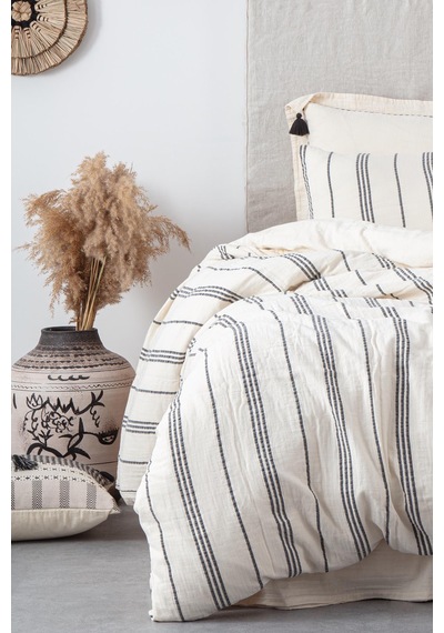 Ecocotton İzgi Çift Kişilik Nevresim Takımı %100 Organik Pamuk Müslin Siyah 200x220 Cm-2262 Siyah