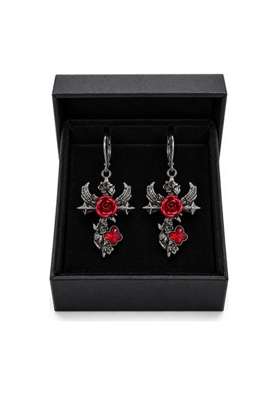 Kırmızı Gül Ve Kelebek Detaylı Siyah Metal Sallantılı Kadın Küpe Çifti Çok Renkli