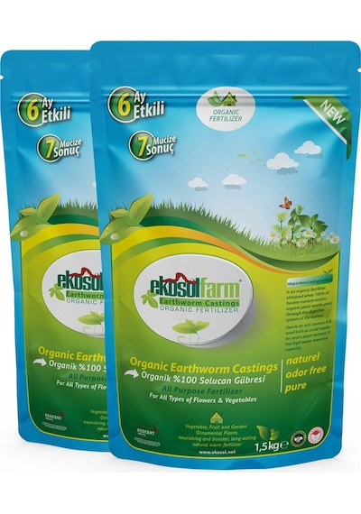 Ekosol Farm Solucan Gübresi 2 x 1.5 KG + Toplam 3 KG Organik Gübre