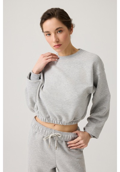 Los Ojos Gri Melanj Geniş Kalıp Beli Büzgülü Crop Sweatshirt Cropped Pullover Gri Melanj Gri Melanj