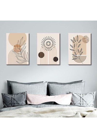 3'lü Bohem Kanvas Tablo Seti 1 - Modern Boho Duvar Dekoru - Geometrik Ve Modern Çizgili 3 Parça Tablo 70 X 100 Cm -