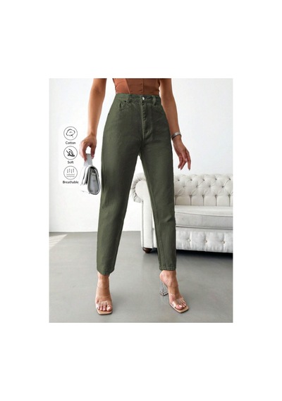 Kene Jeans Yüksek Bel Haki Keten Mom Pantolon Haki