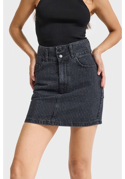 Kadın Koyu Füme Renk 1w5-1 Straight Fit Parlak Taşlı %100 Koton Tasarım Mini Denim Etek