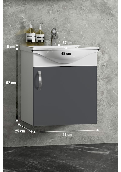 Yıldız 45 Cm Beyaz-antrasit Gri Mat Mdf Seramik Lavabolu Asma Banyo Alt Dolabı