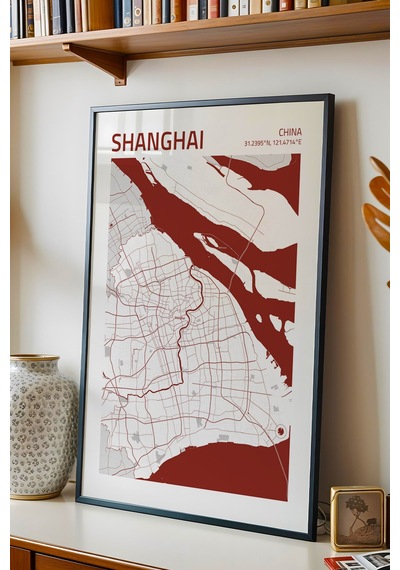 Şanghay Çin Shanghai - China Haritası Çerçeveli Tablo Salon Ofis Duvar Dekorasyonu Hediyelik Tablo