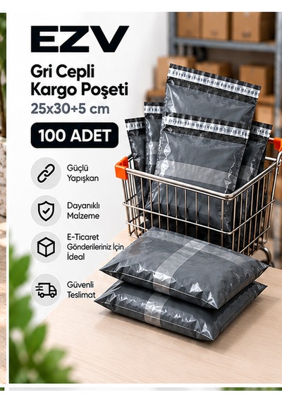 Gri Cepli Kargo Poşeti 25x30+5 Cm 100 Adet