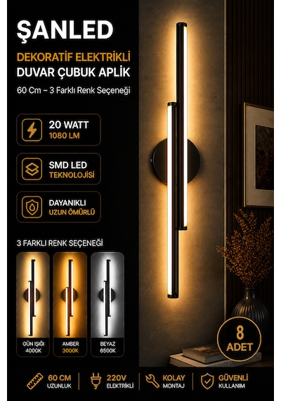 Dekoratif 20w İç Mekan Siyah Kasa 3 Renkli Işık 60 Cm Duvar Aplik Elektrikli 8 Adet