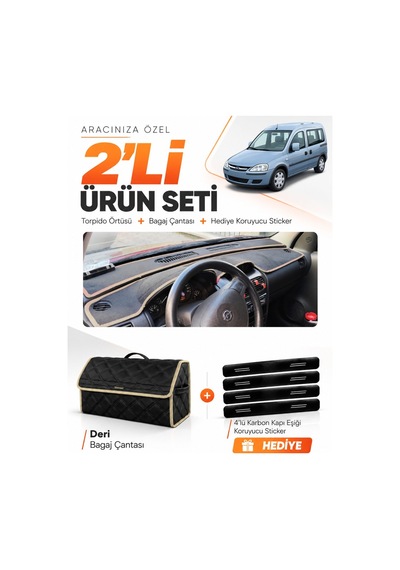 E-biz Opel Combo C 2001-2011 Uyumlu Torpido Örtüsü + Deri Bagaj Çantası Seti - Siyah-bej - Op007