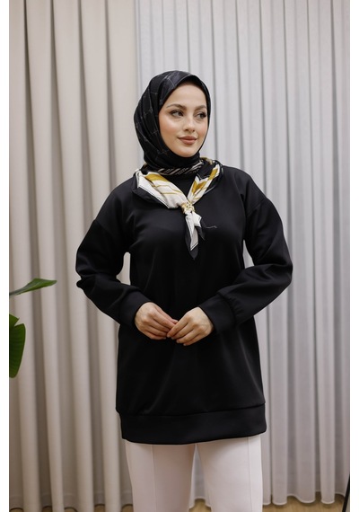 Moonsc Kadın Regular Fit Pamuklu Yaka Fularlı Bisiklet Yaka Siyah Tunik