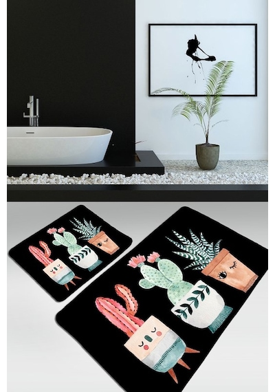 Happy Cactus Djt Siyah 2 Li Set Banyo Halısı Takımı Çok Renkli