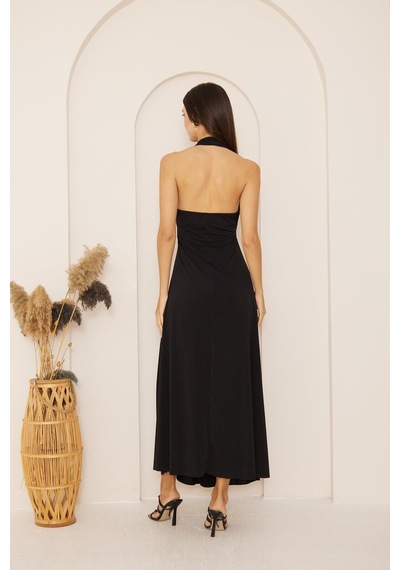 Darlin Moda Siyah Yırtmaçlı Önü Düğüm Detaylı Maxi Boy Elbise Dm1033