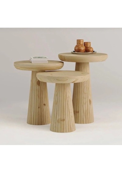 Wood Wooden 3 Lü Set Fitilli Mantar Yan Sehpa Modern Ahşap Renk Vernikli Fiskos Ahşap