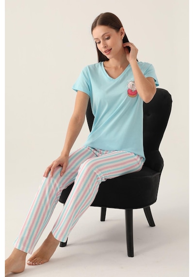 Pierre Cardin Arnetta 2888 Pamuklu Kısa Kollu Kadın Pijama Takımı Mavi Çok Renkli