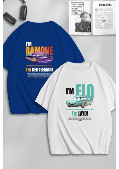Unisex Kadın Erkek Ramone,flo Layd Ve Gentleman Baskılı Sevgili Çift Kombini Tasarım Oversize Tshirt Mavi Beyaz Mck0511 Mavi Beyaz