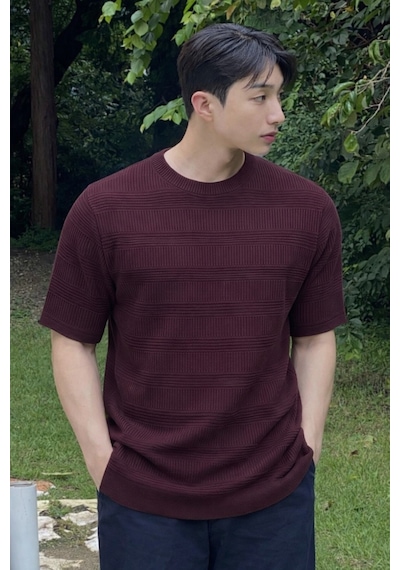 Tarz Cool Fitilli Triko Tişört Erkek Slim Fit Yazlık Premium Basic Üst Bordo