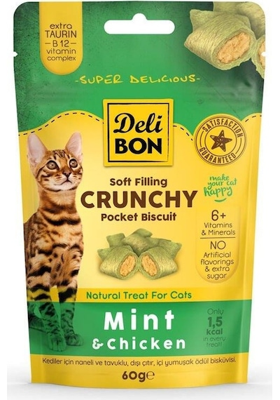 Delibon Crunchy İçi Dolgulu Bisküvi Tavuklu ve Naneli Kedi Ödülü 60 G