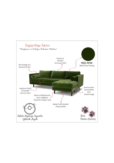 Ürgüp Yeşil Modern Rahat Köşe Takımı Yumuşak Sünger Yüksek Ayak Baby Face Kumaş Pofuduk Sağ Köşe Yeşil Ürgüp Yeşil Modern Rahat Köşe Takımı Yumuşak Sünger Yüksek Ayak Baby Face Kumaş Pofuduk Sağ Köşe Yeşil