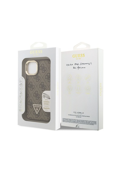 Apple iPhone 15 Uyumlu Kılıf Guess Lisanslı Üçgen Logo 4g Desenli Kamera Standlı Kapak Kahverengi